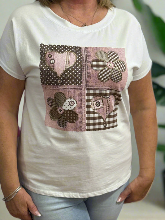 CALIPSO-PATCH HEARTS & FLOWER TEE
