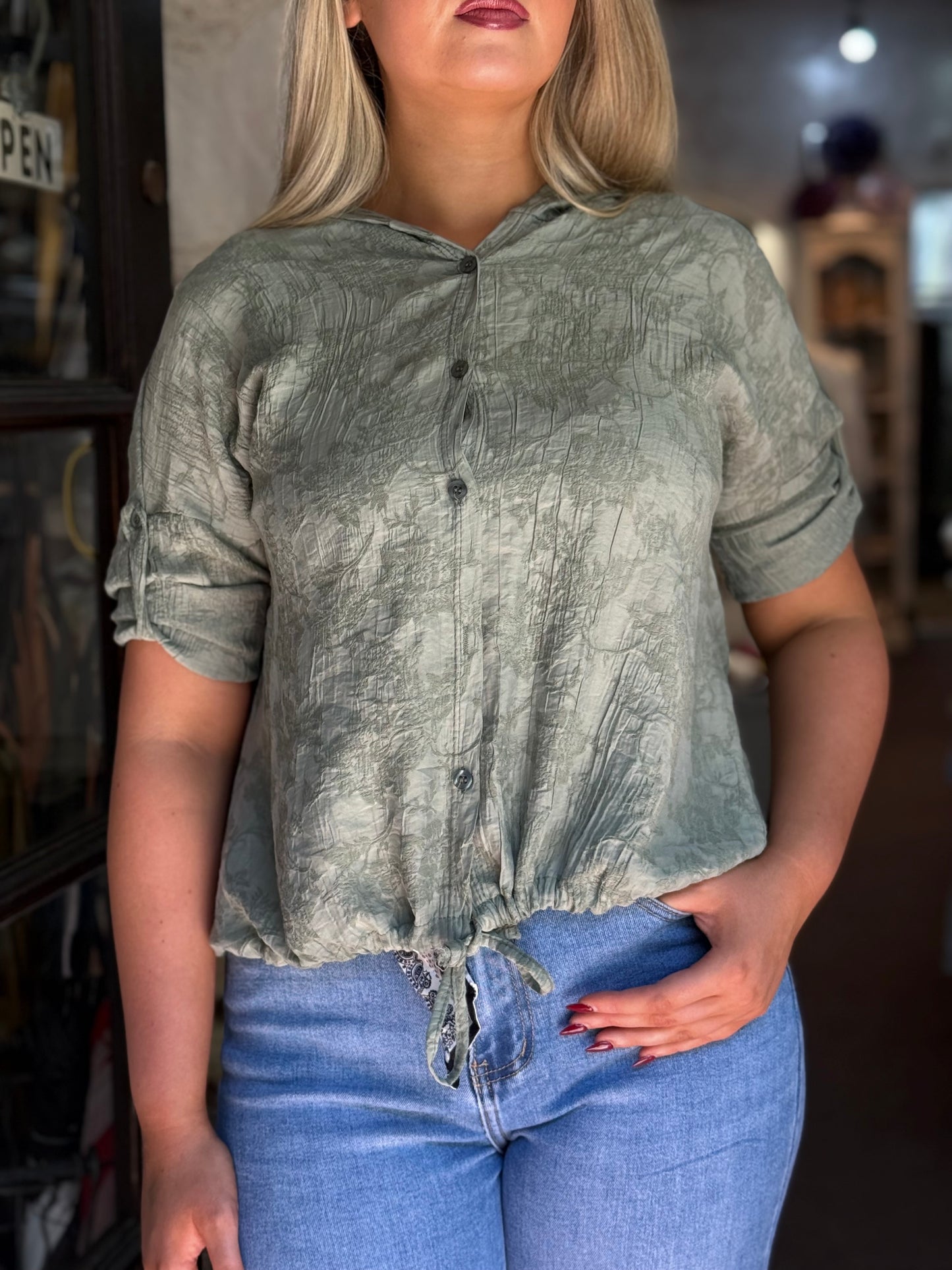 MYSIE-FLOCK PATT HOODY SHIRT TOP