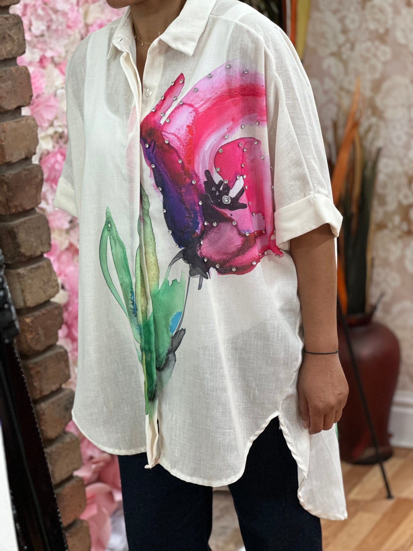 TROPICS KEW DIAMANTE FLOWER SHIRT