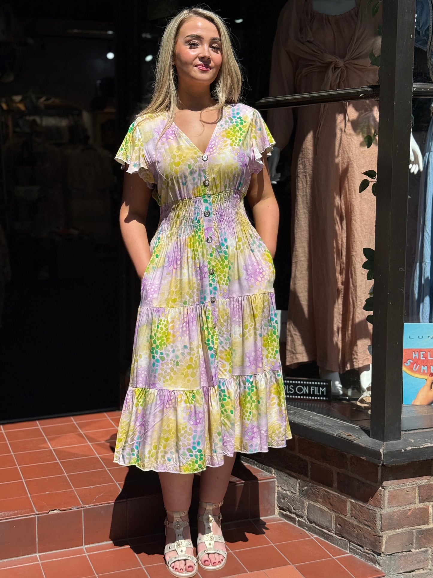 KATIE - GOLD BUTTON MIDI V NECK DRESS