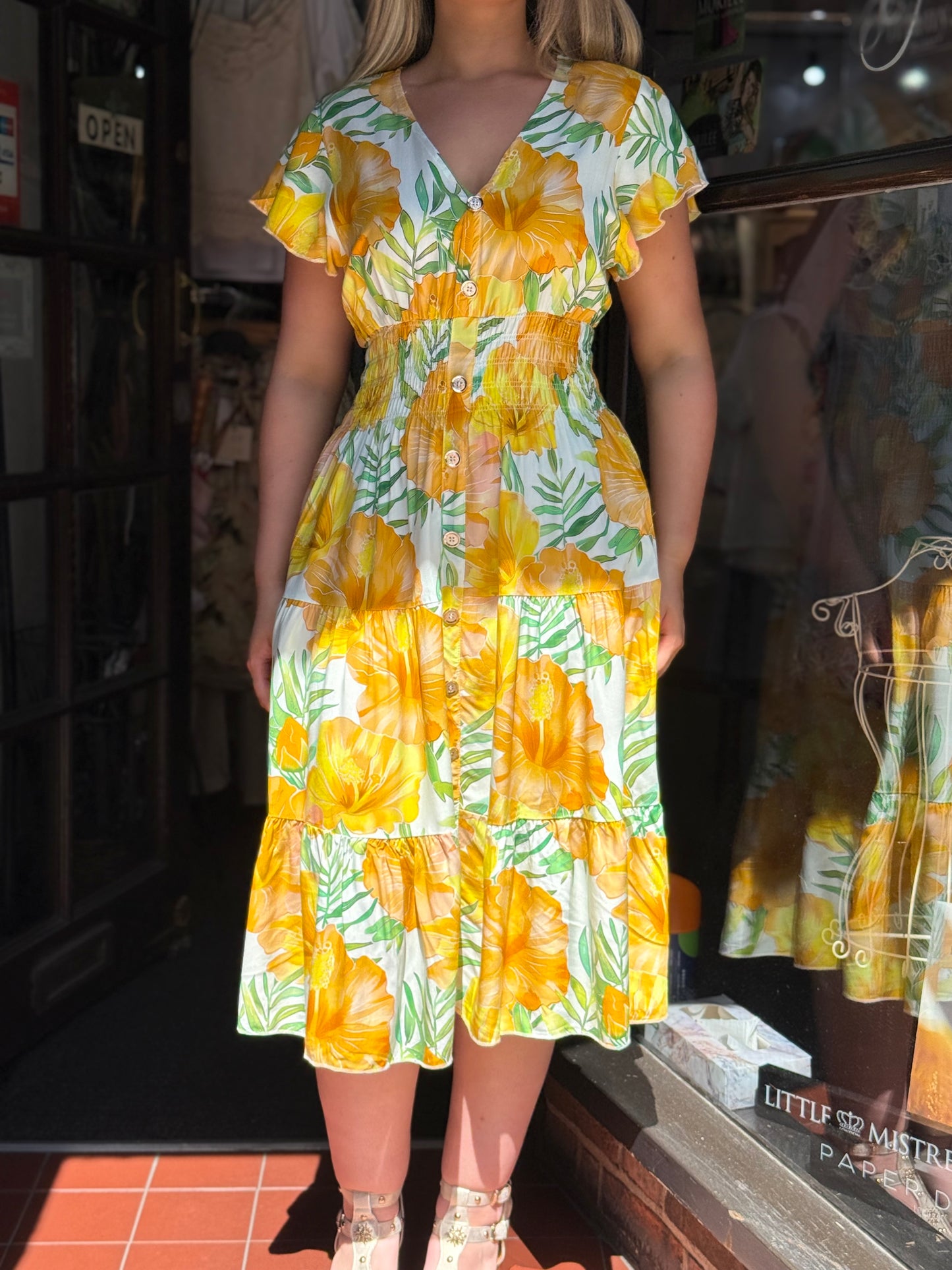 KATIE - GOLD BUTTON MIDI V NECK DRESS