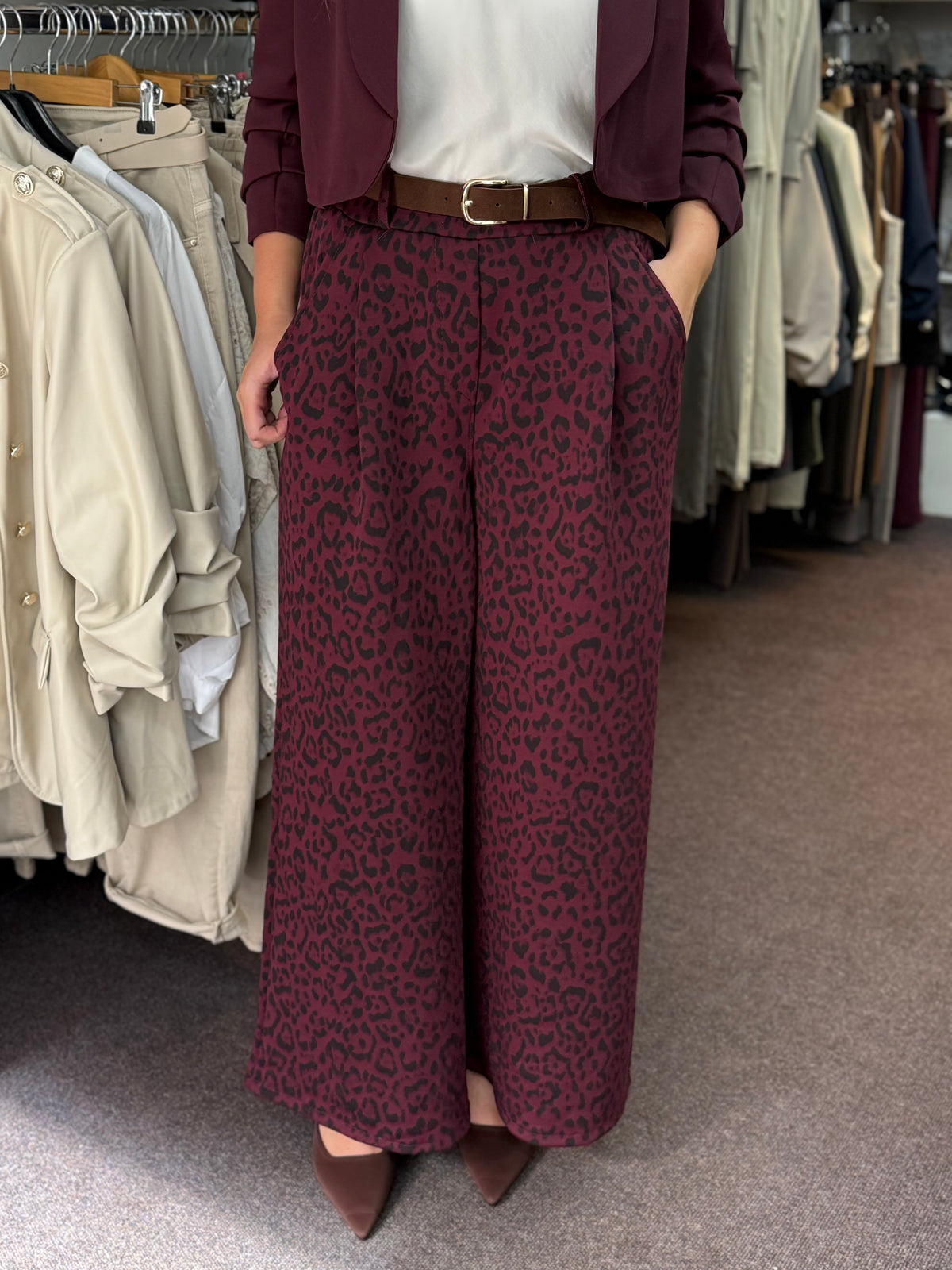 WREN-BELTED ANIMAL PRINT WIDE LEG TROUSER