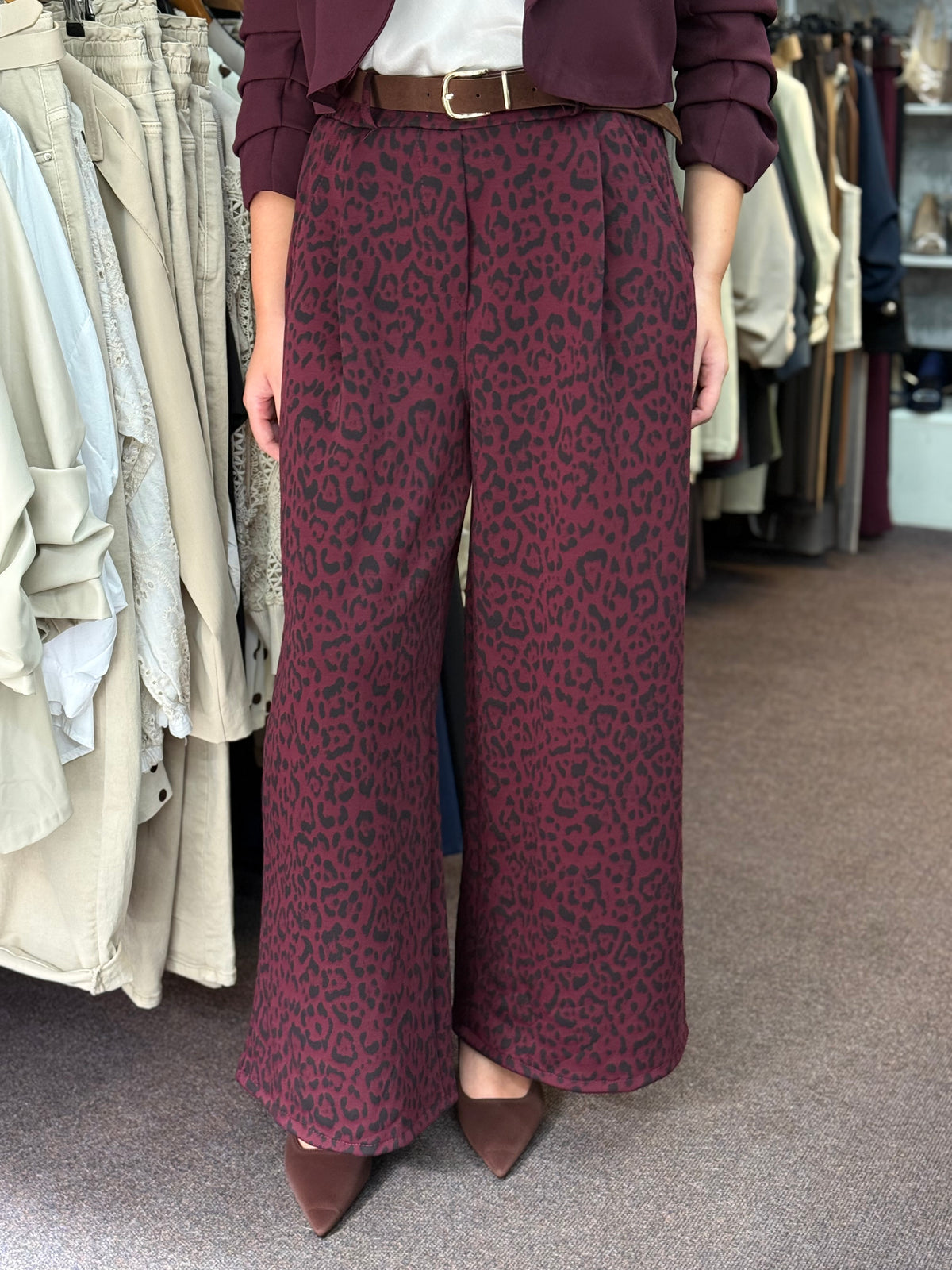 WREN-BELTED ANIMAL PRINT WIDE LEG TROUSER