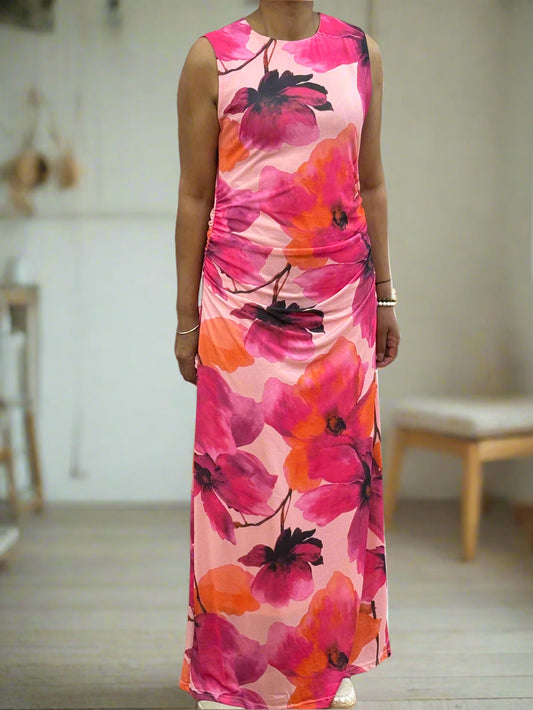 JULIA MESH RUCHED FLORAL DRESS