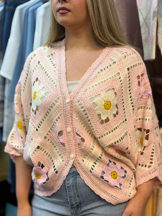 LARA-O/S CROCHET DAISY KNIT SHRUG