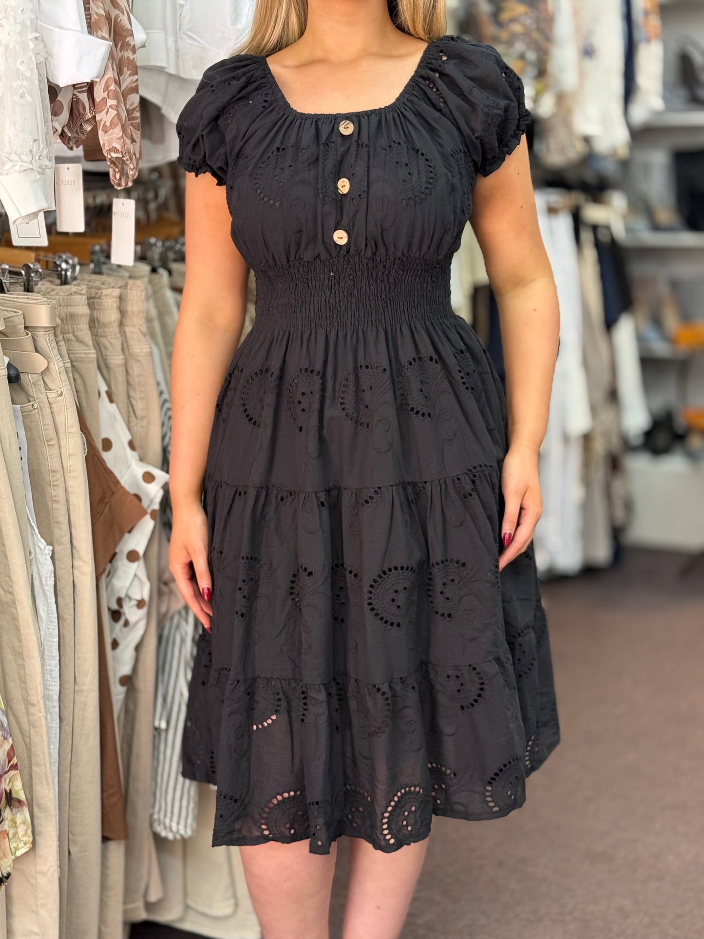 RIO-EMB-ANG BARDOT MIDI DRESS