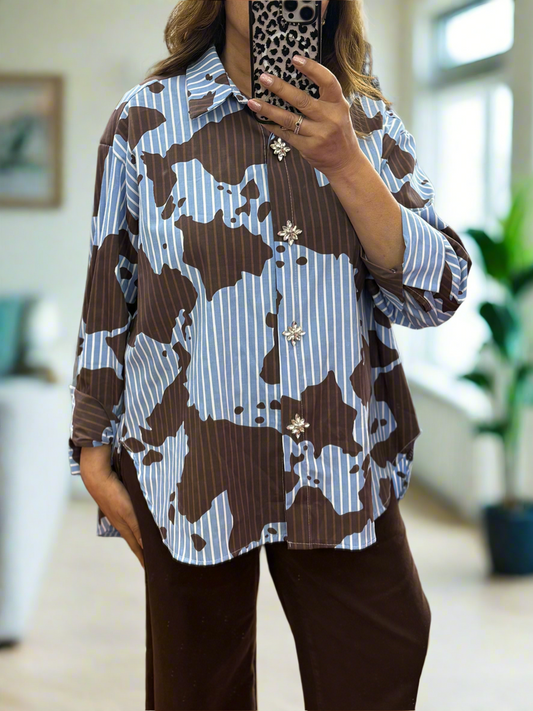 ZETA-CYBIL PINSTRIPE DIAMANTE BTNS SHIRT