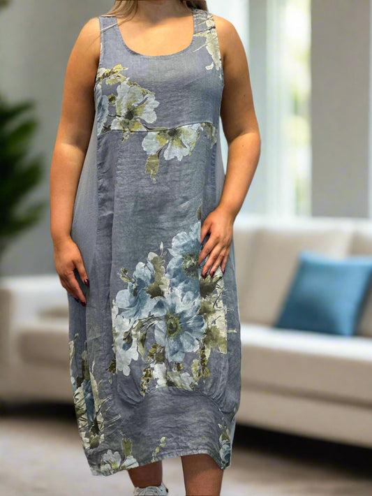 LINO-GWEN FLOWER RIB SIDES LINEN DRESS-