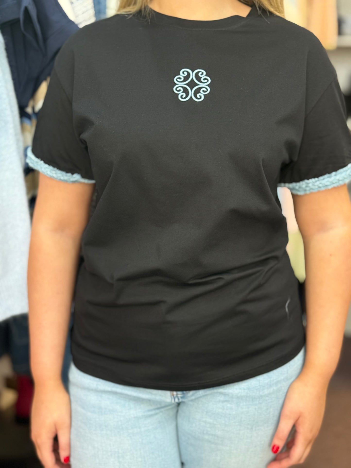 HARPER- BRAIDED DENIM EDGE SLV TEE #SunshineSALE