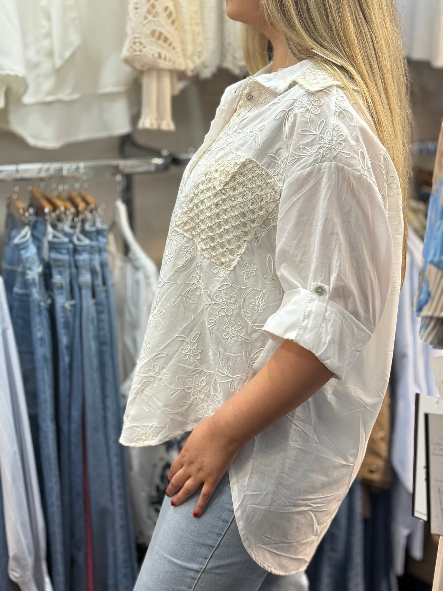 SOPHIA- CROCHET EMB DETAIL SHIRT