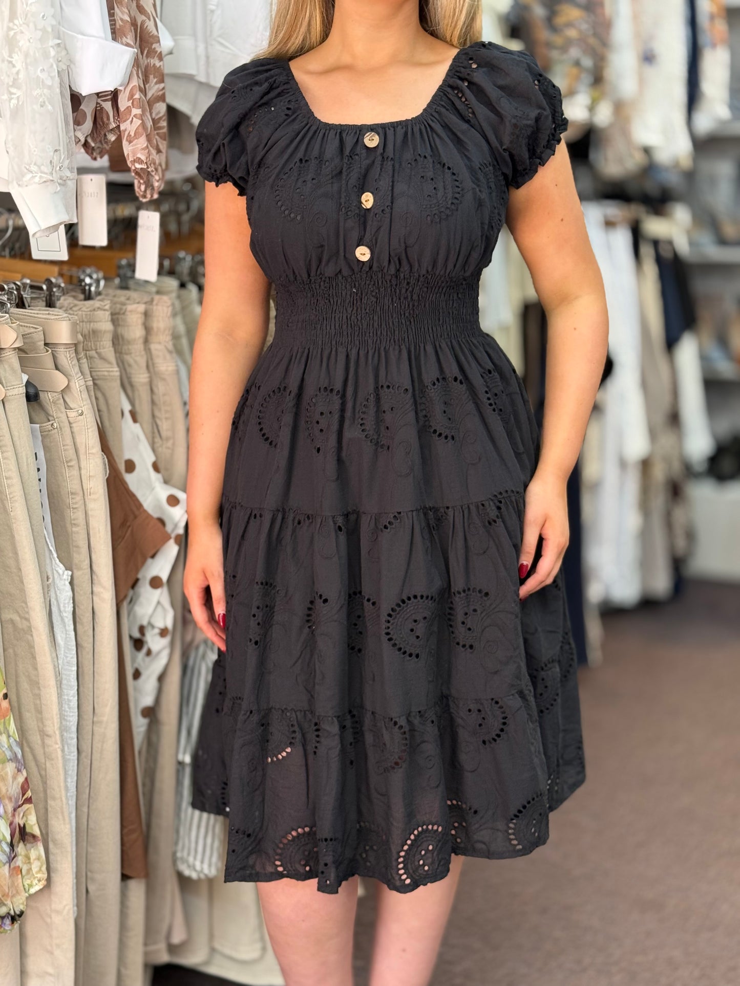 RIO-EMB-ANG BARDOT MIDI DRESS
