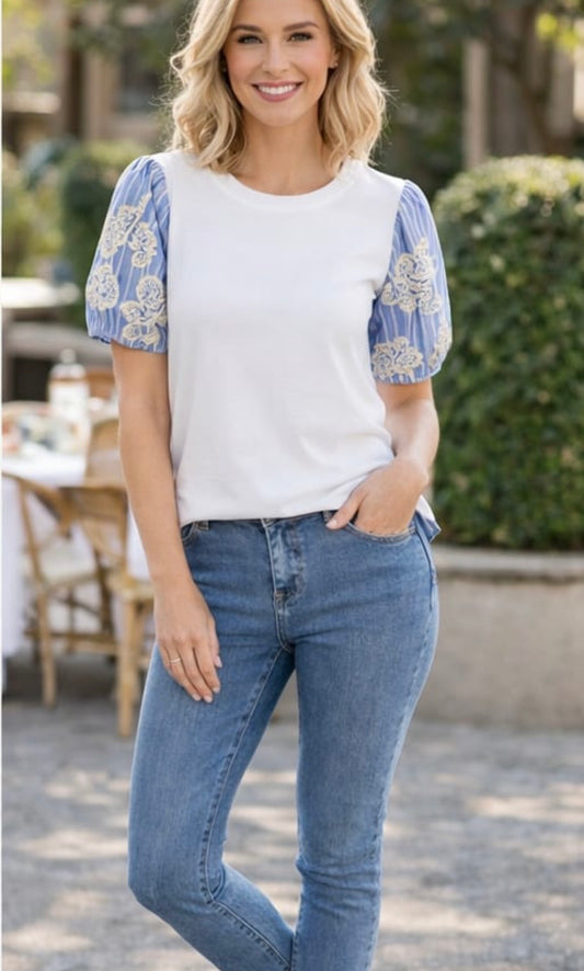 HALLEY- EMB STRIPE TENCEL PUFF SLV TEE