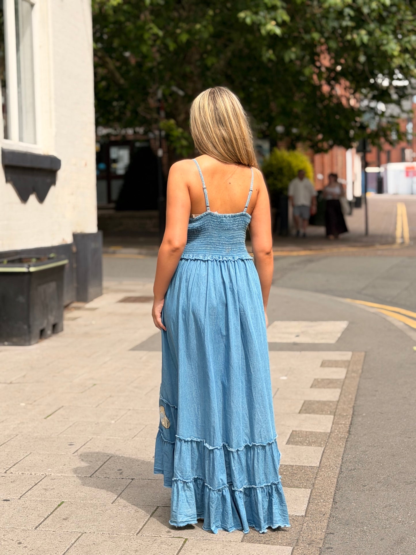LUELLA-GOLD PATCH DENIM MAXI DRESS