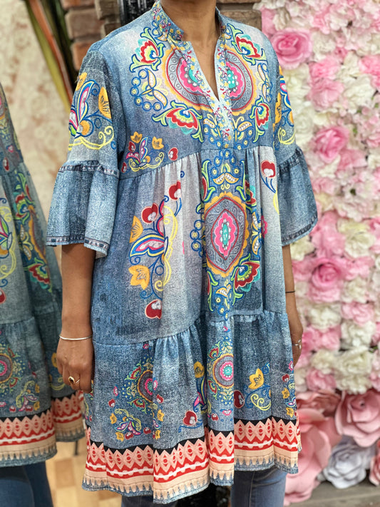 DENIM EFFECT PRINT V  SMOCK DRESS