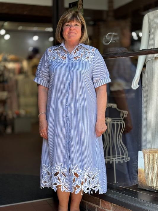 MODENA-FLOWER DETAIL STRIPE SHIRT DRESS