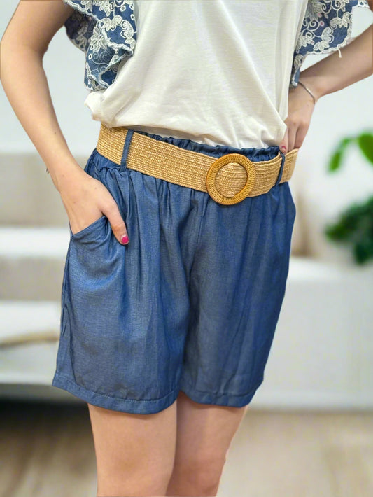 SAFFIE-BELTED DENIM LOOK SHORT