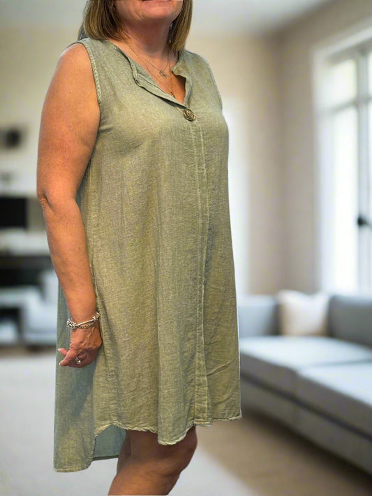VIV- ONE BUTTON S/L LINEN DRESS