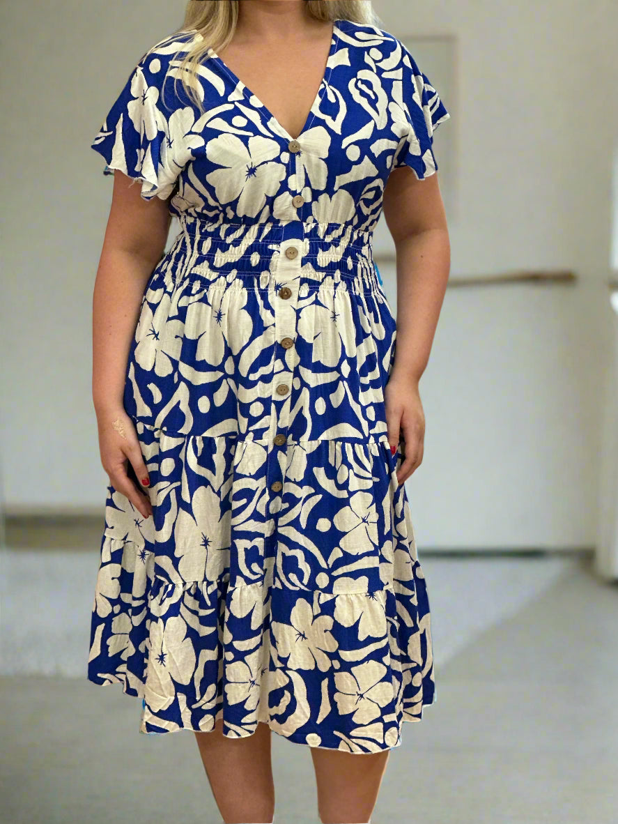 KEELY-BUTTON DETAIL PRINT MIDI DRESS -
