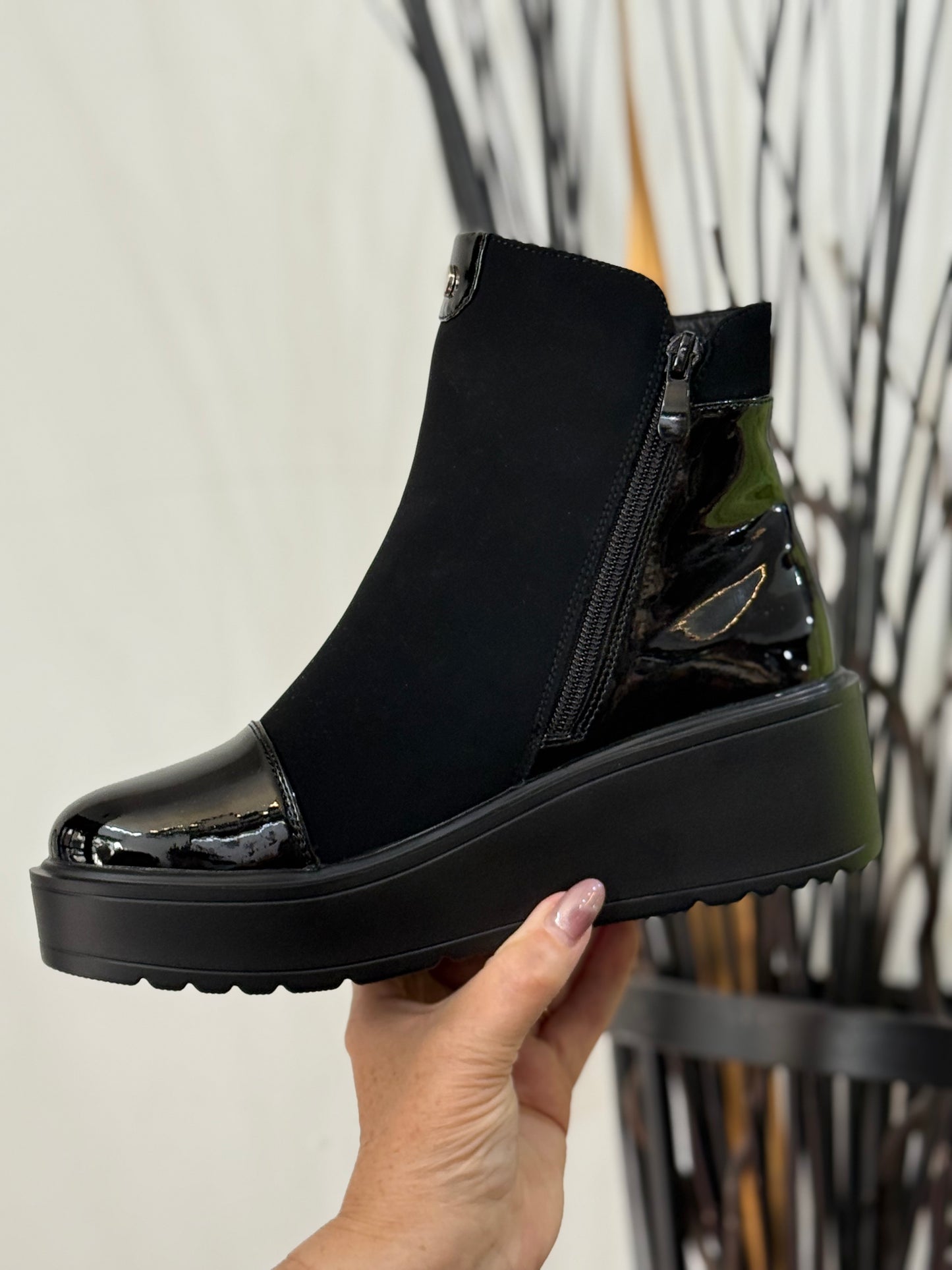 MIRRON- PATENT TOE WEDGE BOOT- BLACK