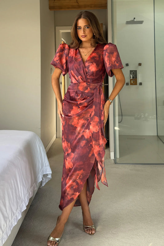 ADREENA - PUFF SLEEVE WRAP MIDI DRESS