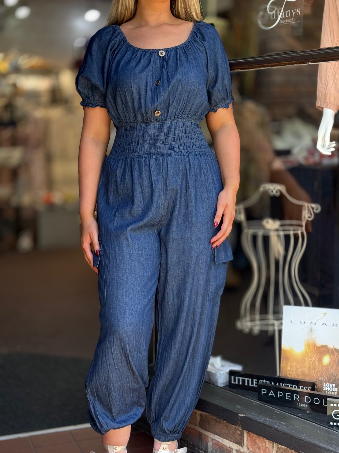 MILEY-BARDOT DENIM LOOK J/SUIT