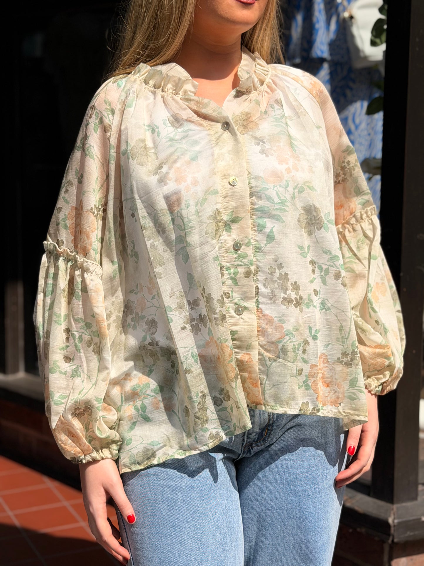 TERRY-TENCEL PRINTED FRILL SLV SHIRT