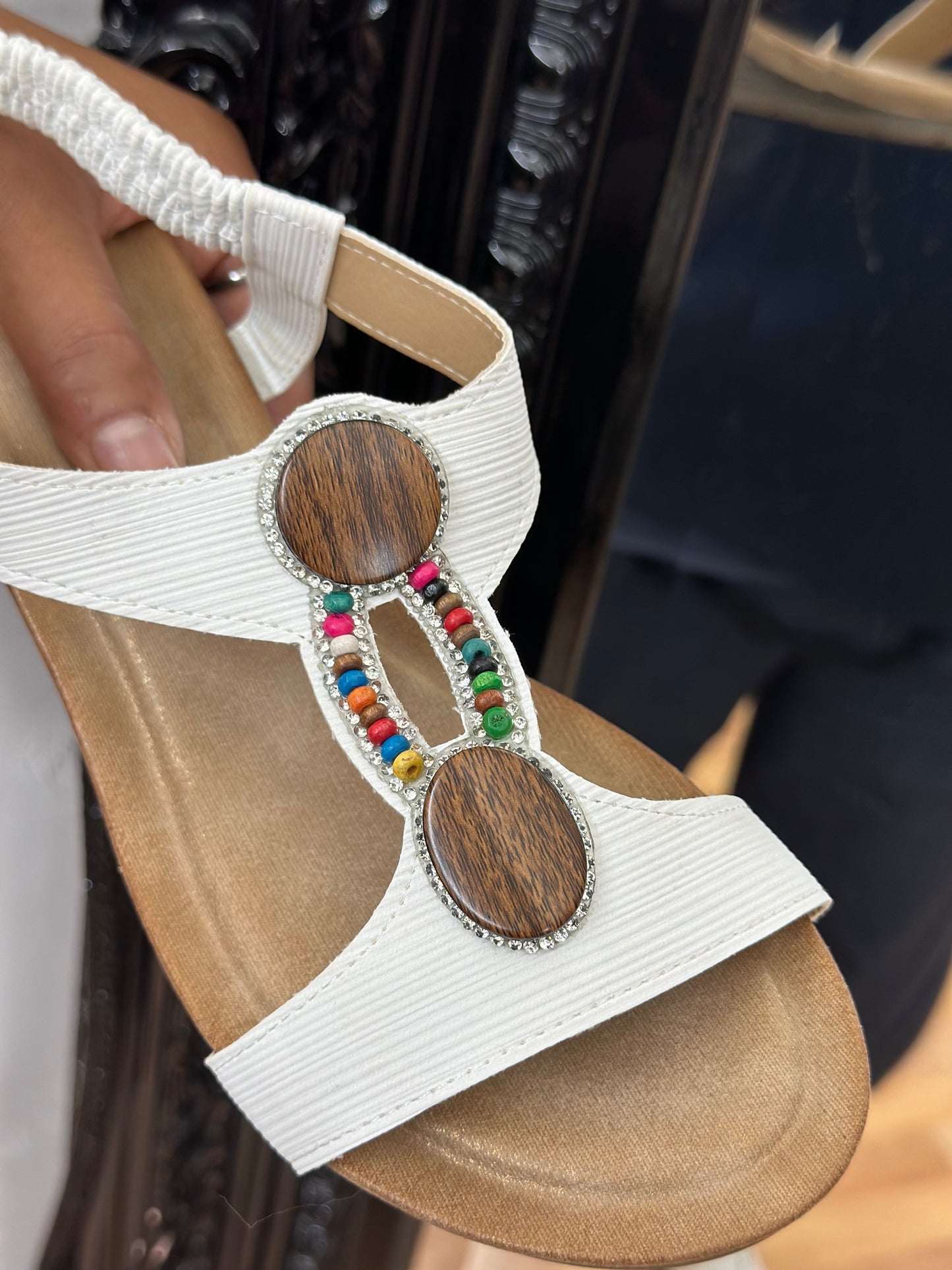 WOOD BEADS WEDGE SANDAL-#SALE10