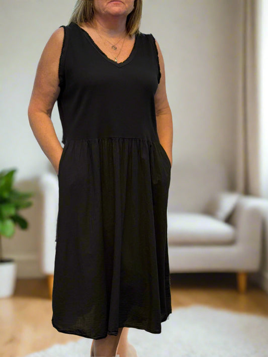 LOUISA -V SLEEVELESS RIB COTTON DRESS-CURVE