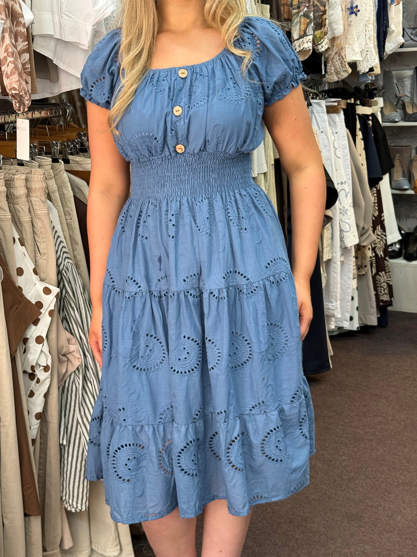 RIO-EMB-ANG BARDOT MIDI DRESS