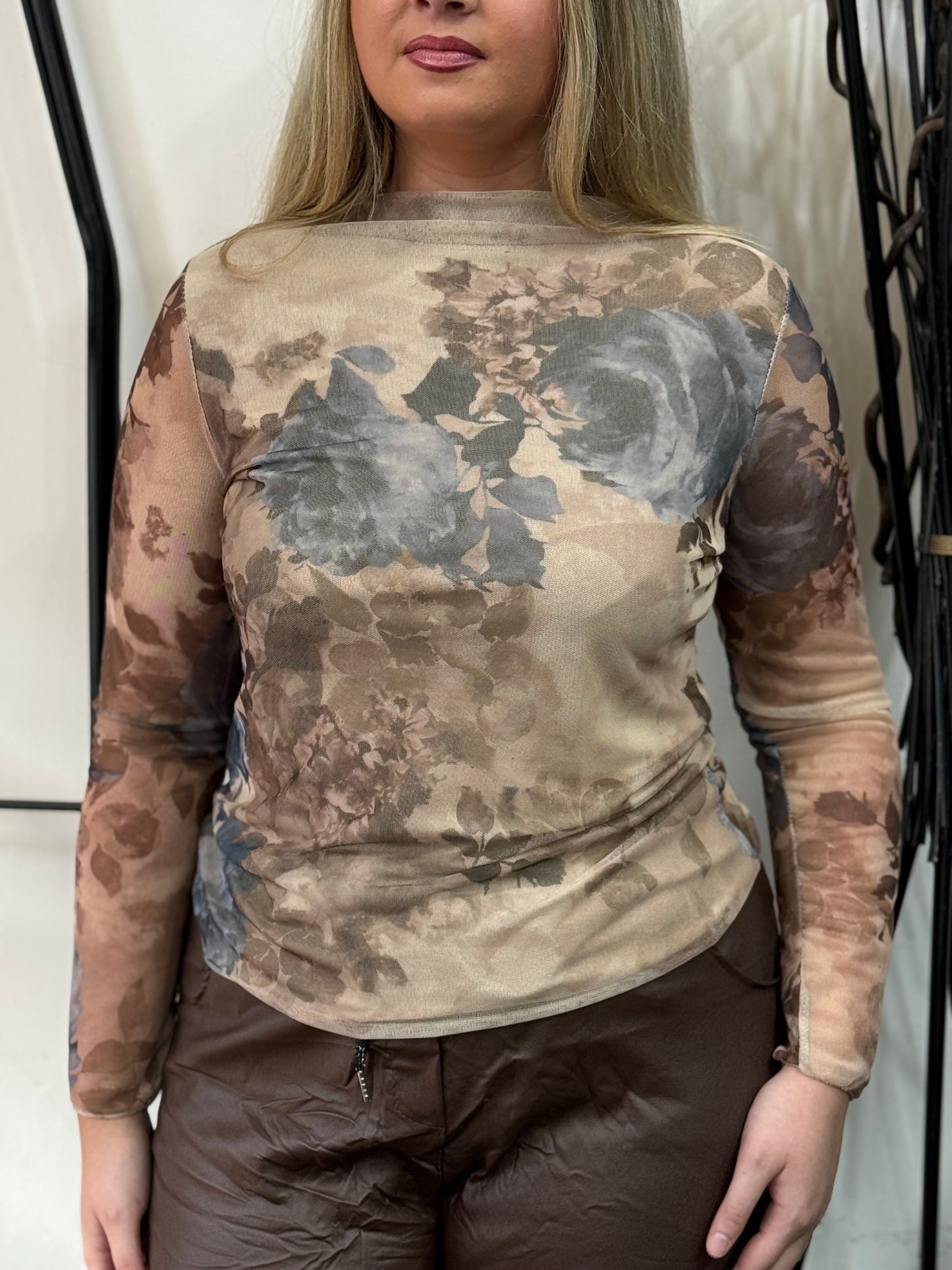 TANYA-FLOWER PRINT MESH TOP-ROSE-