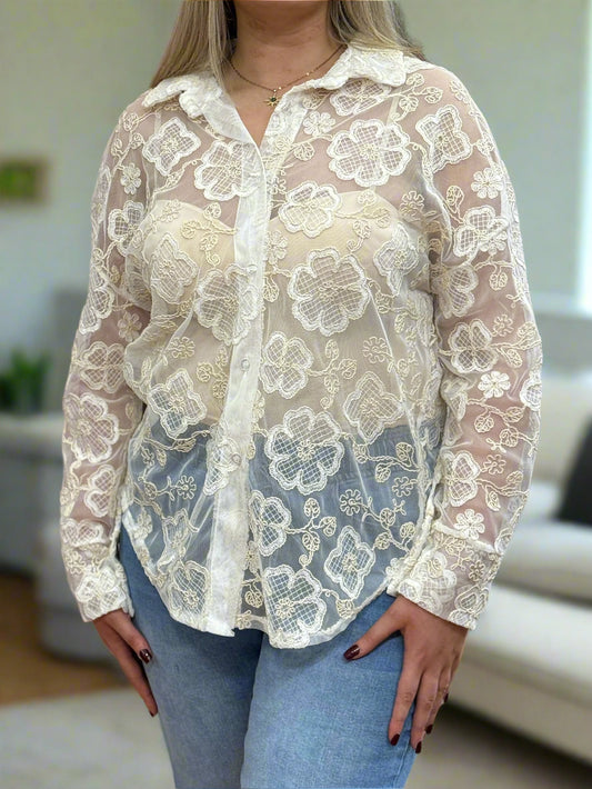 ALBANY-MESH EMB DETAIL SHIRT