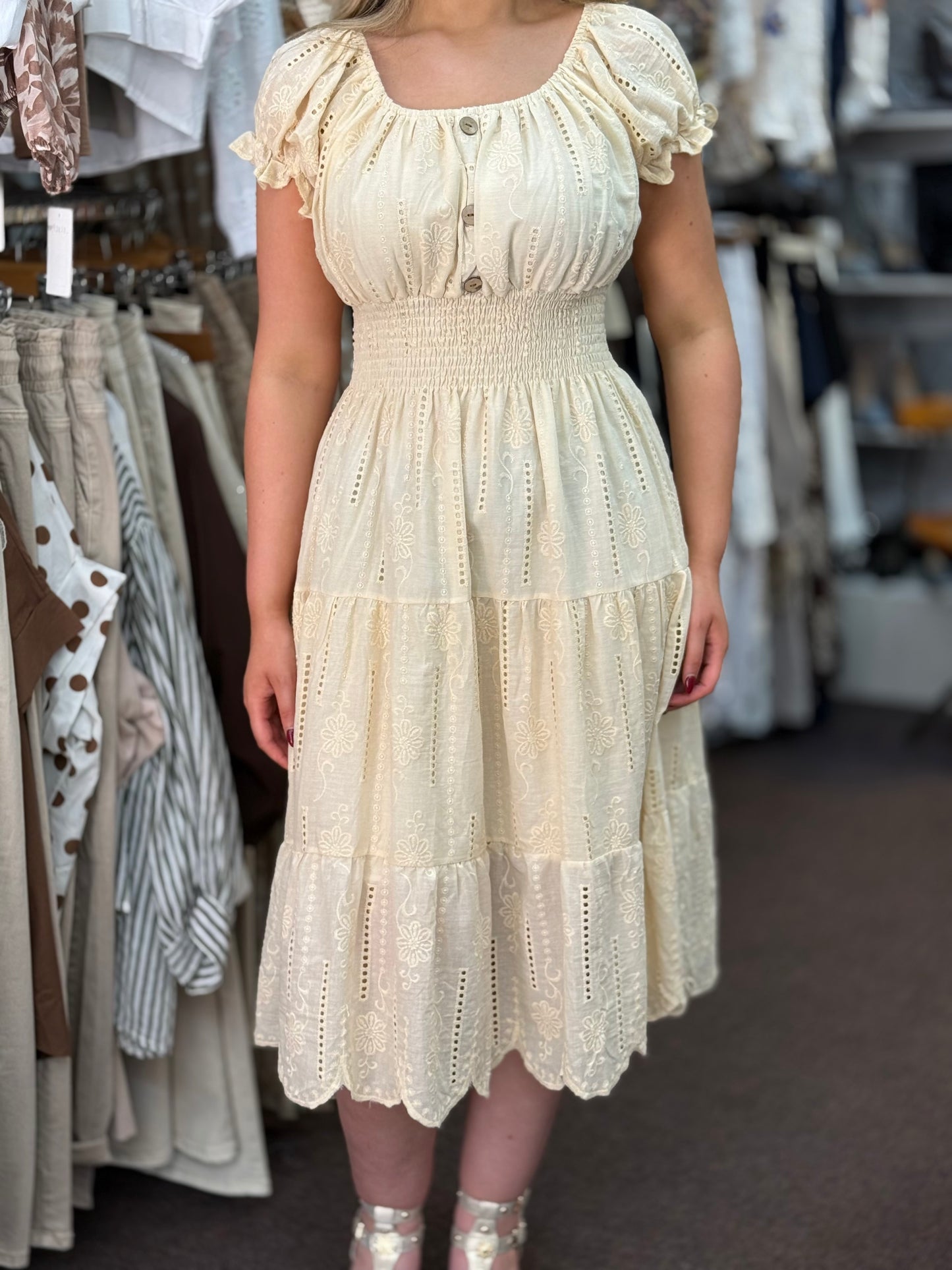RIO-EMB-ANG BARDOT MIDI DRESS
