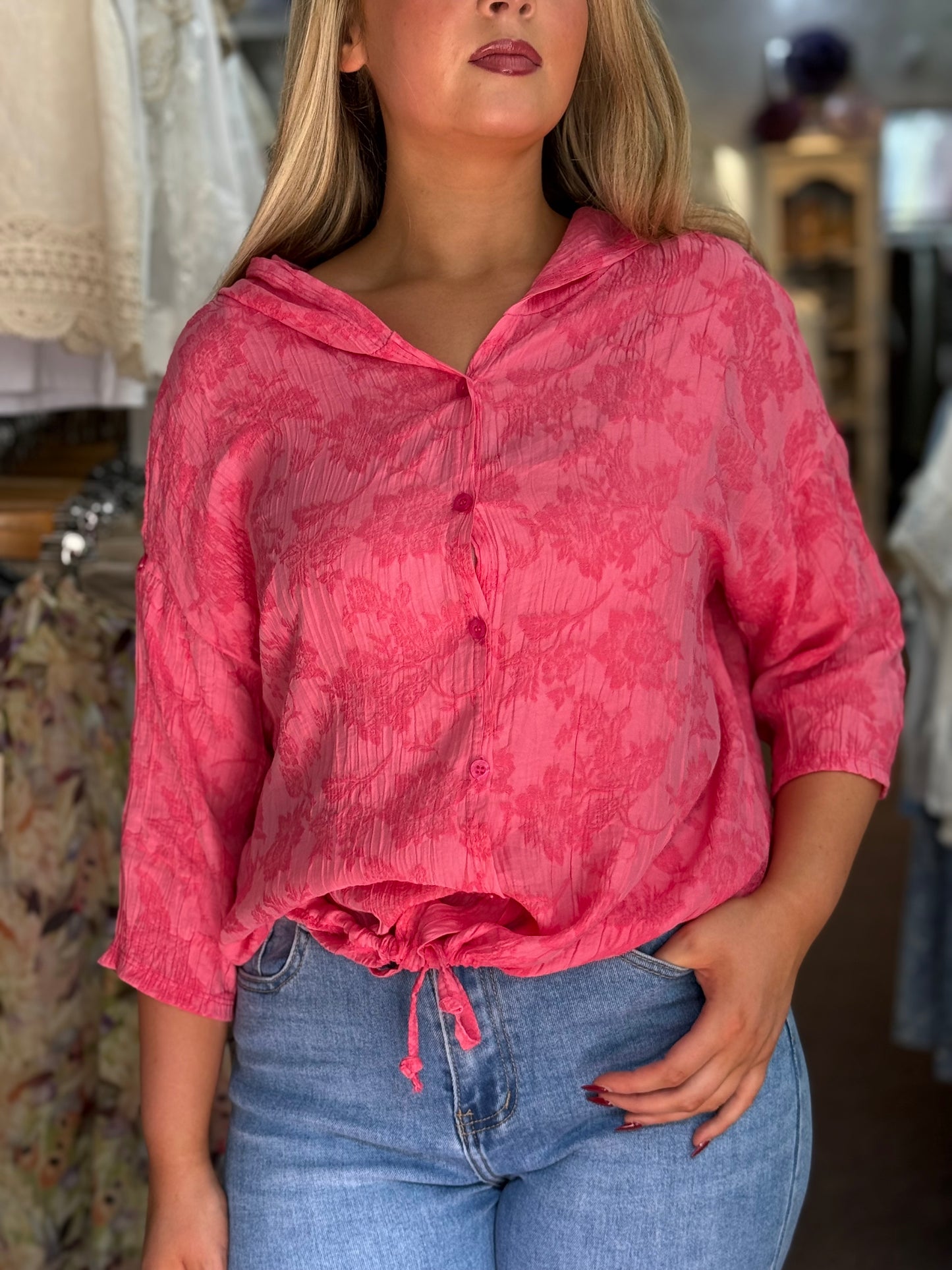 MYSIE-FLOCK PATT HOODY SHIRT TOP