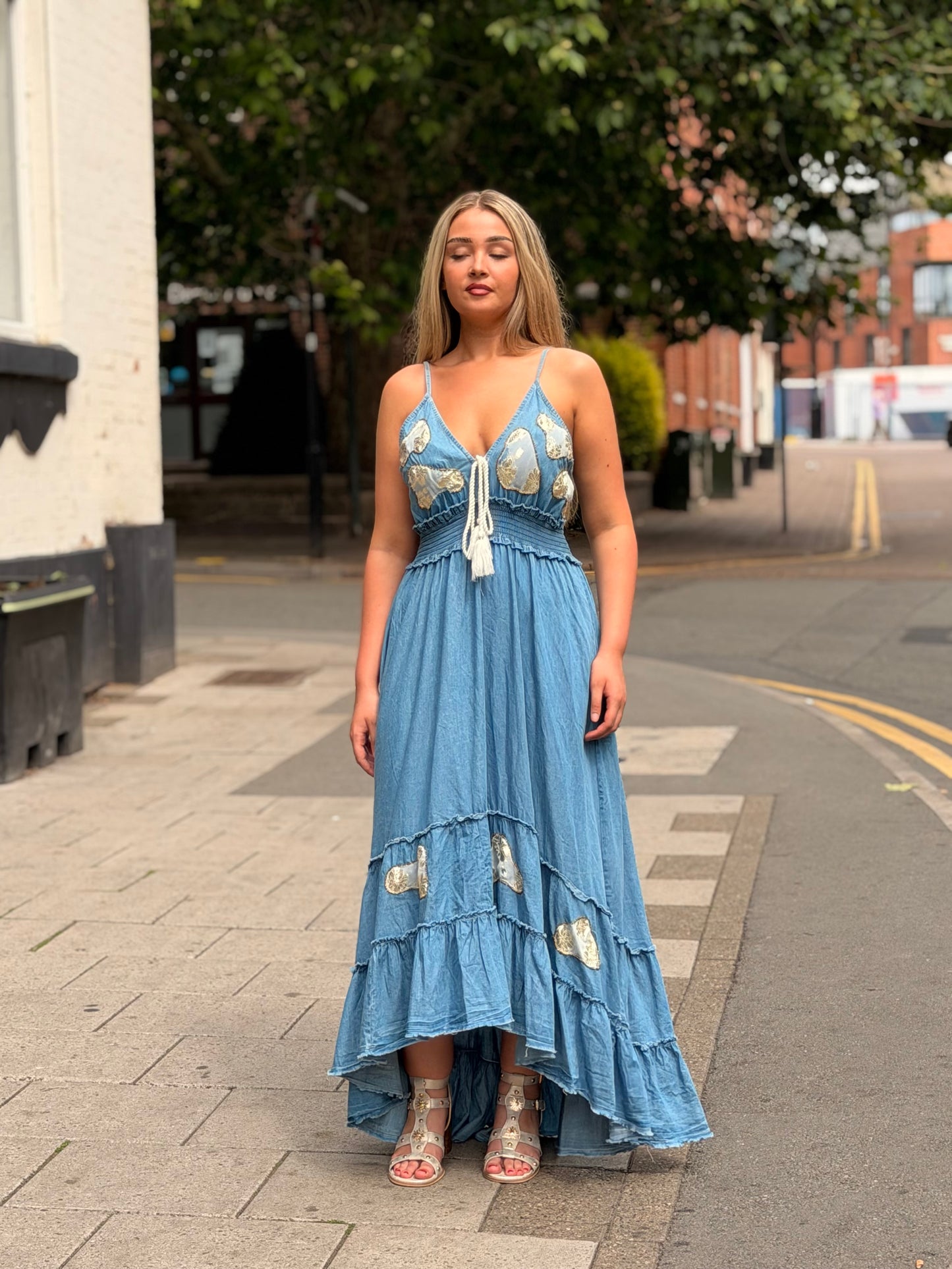 LUELLA-GOLD PATCH DENIM MAXI DRESS