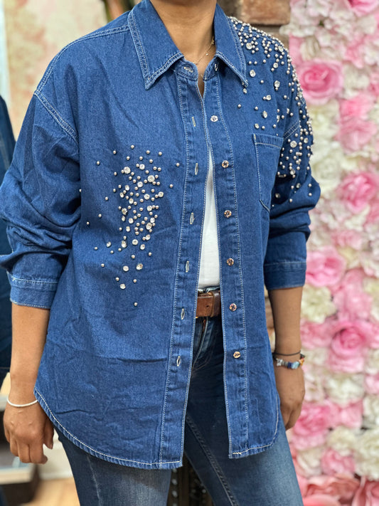 DIAMANTE DETAIL O/S DENIM SHIRT JKT