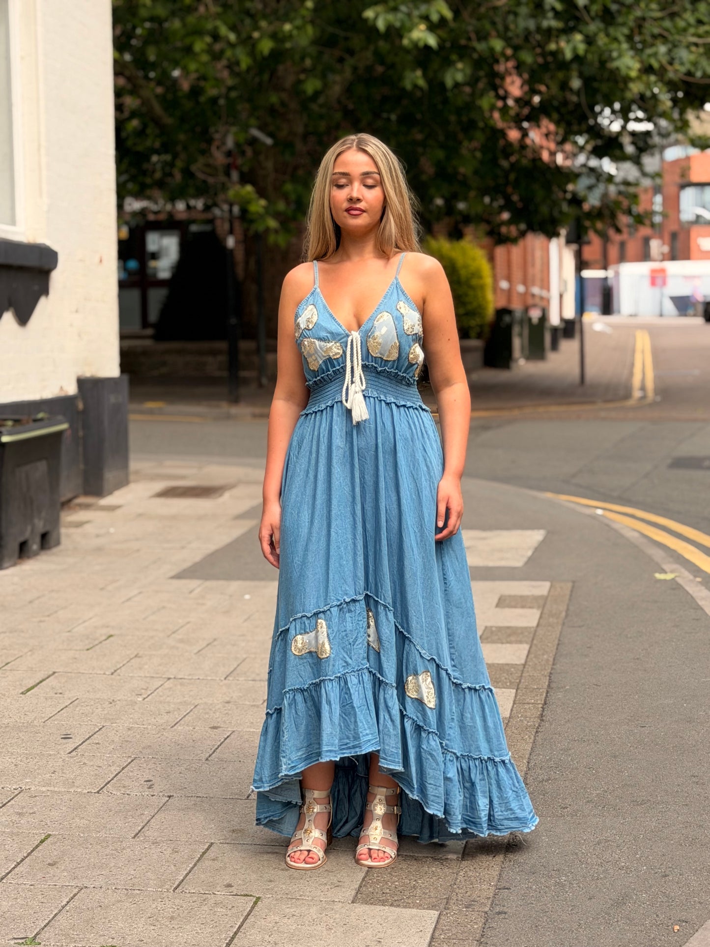 LUELLA-GOLD PATCH DENIM MAXI DRESS