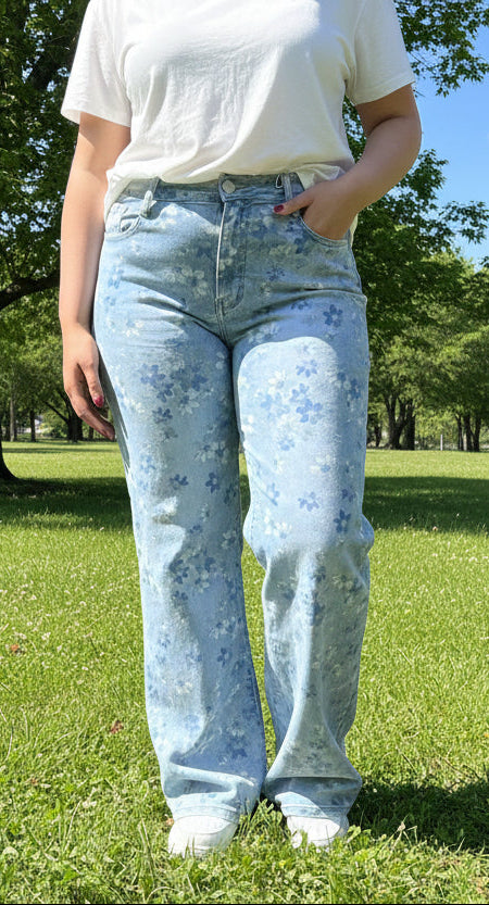 KARIN WIDE LEG DISTRESSED FLOWERS JEAN