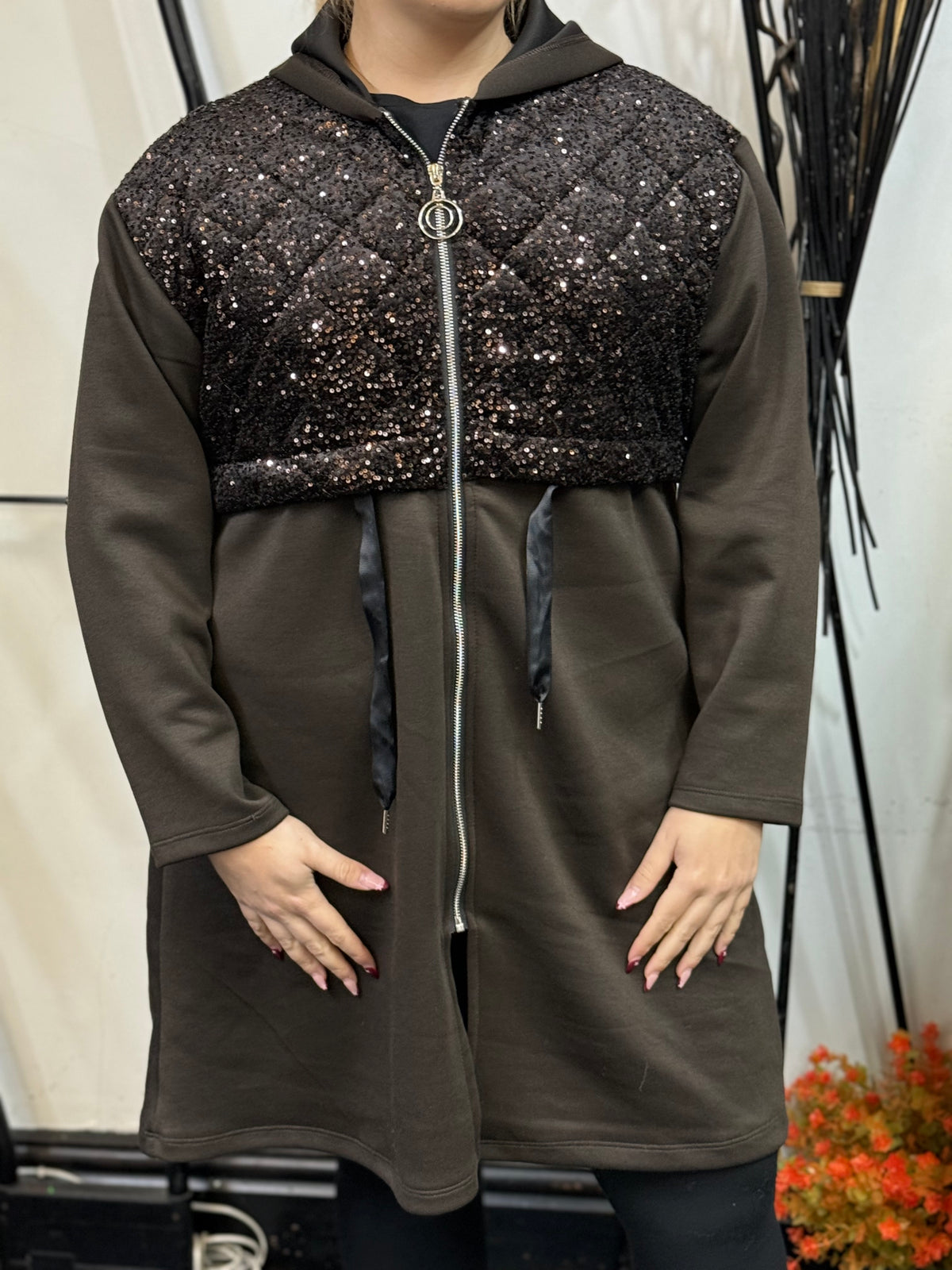 EMMIE-QUILTED PLUSH SEQUIN HOODY JKT-