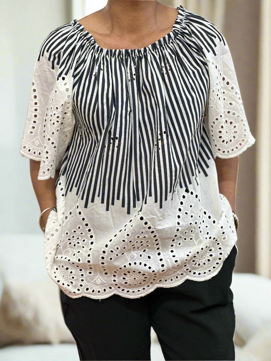 FIONA -BARDOT STRIPE EMB TOP