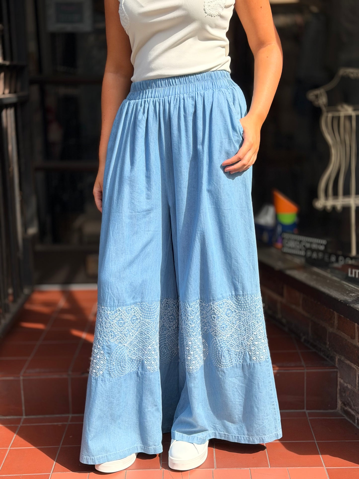 ABIGAIL-EMB PANEL WIDE LEG TROUSER
