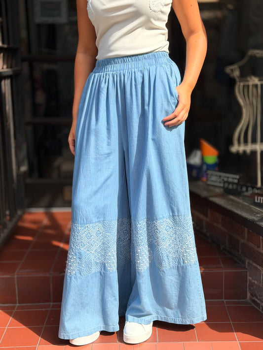 ABIGAIL-EMB PANEL WIDE LEG TROUSER