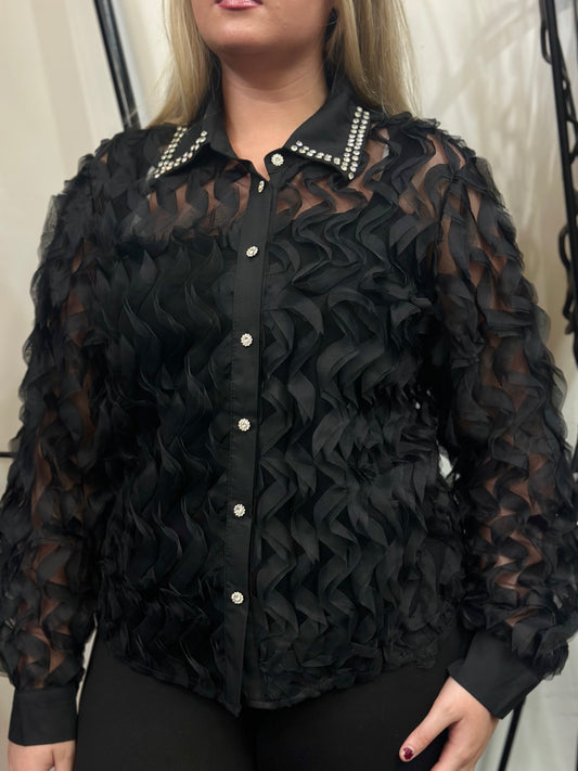 ARDEN COLLECTION- SEQUIN COLLAR MESH RIBBONS SHIRT--🖤 BLACKFRIDAYWKEND-AUTO 10%OFF@CHECKOUT