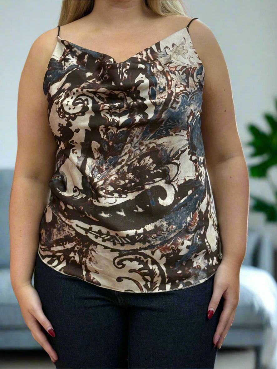 RHONA- SATIN CAUL NK PRINT VEST TOP