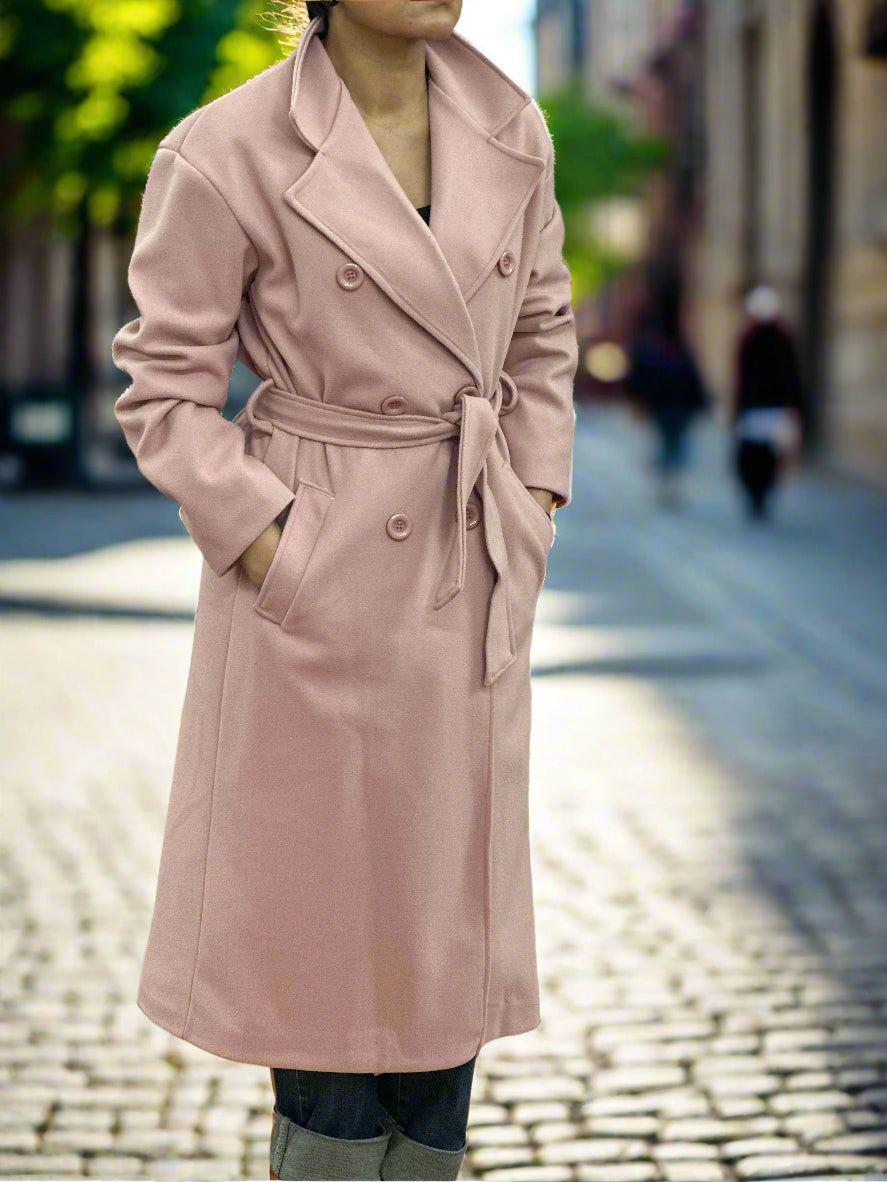 LARA- D/B BELTED COAT- DUSTY PINK