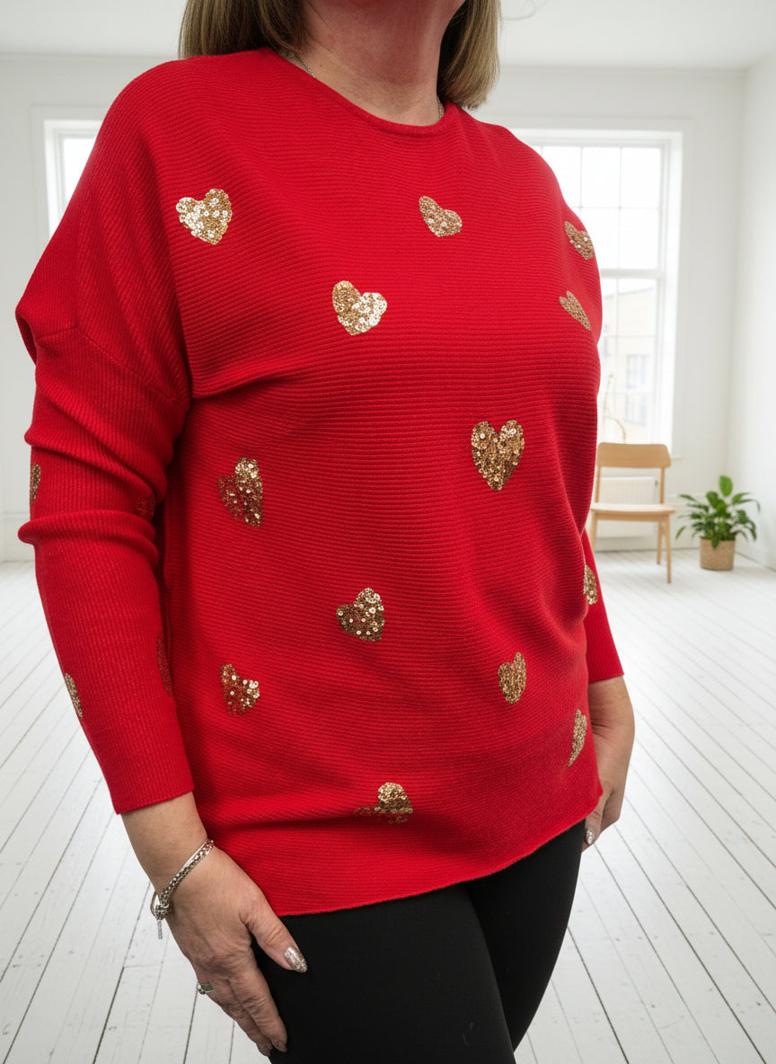 KENSO-O/S SEQUIN HEART RIB JUMPER-