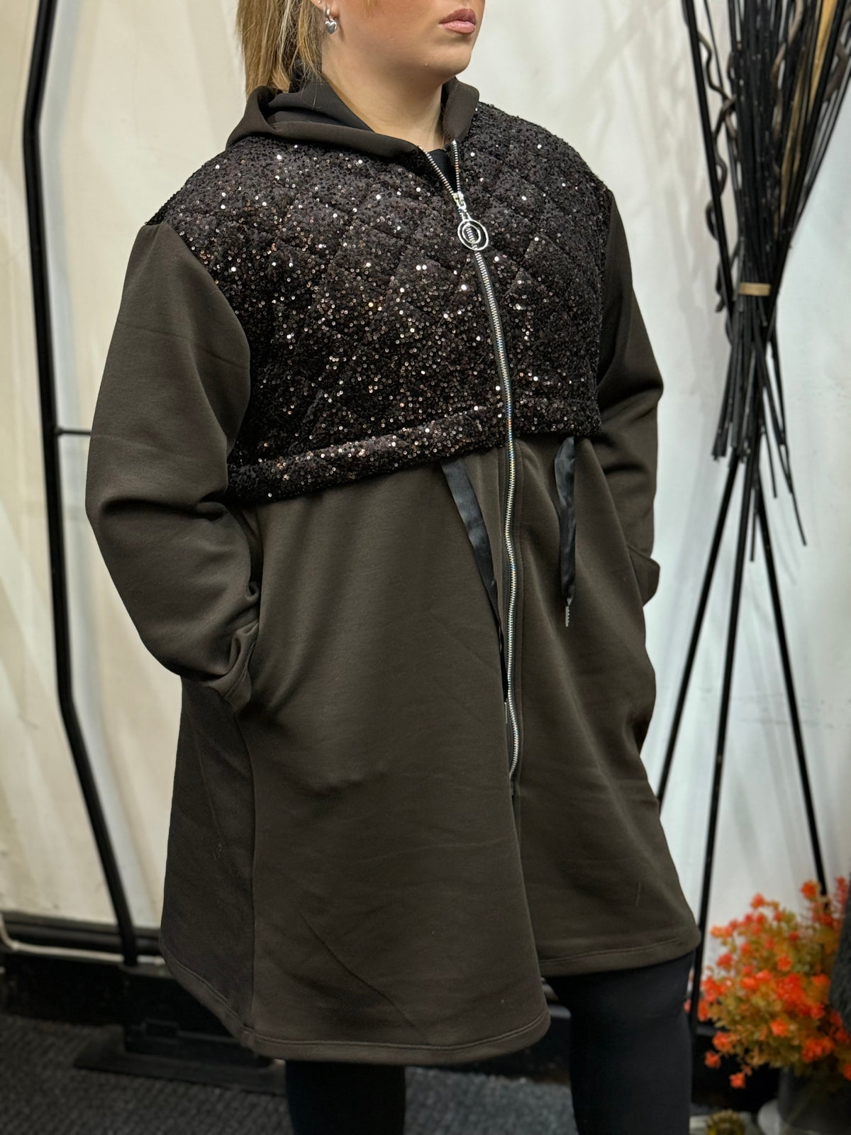 EMMIE-QUILTED PLUSH SEQUIN HOODY JKT-