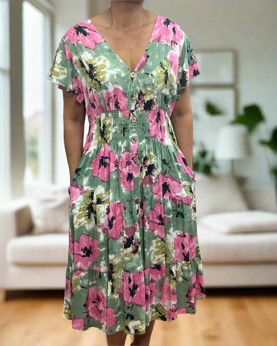 KEELY-BUTTON DETAIL PRINT MIDI DRESS -