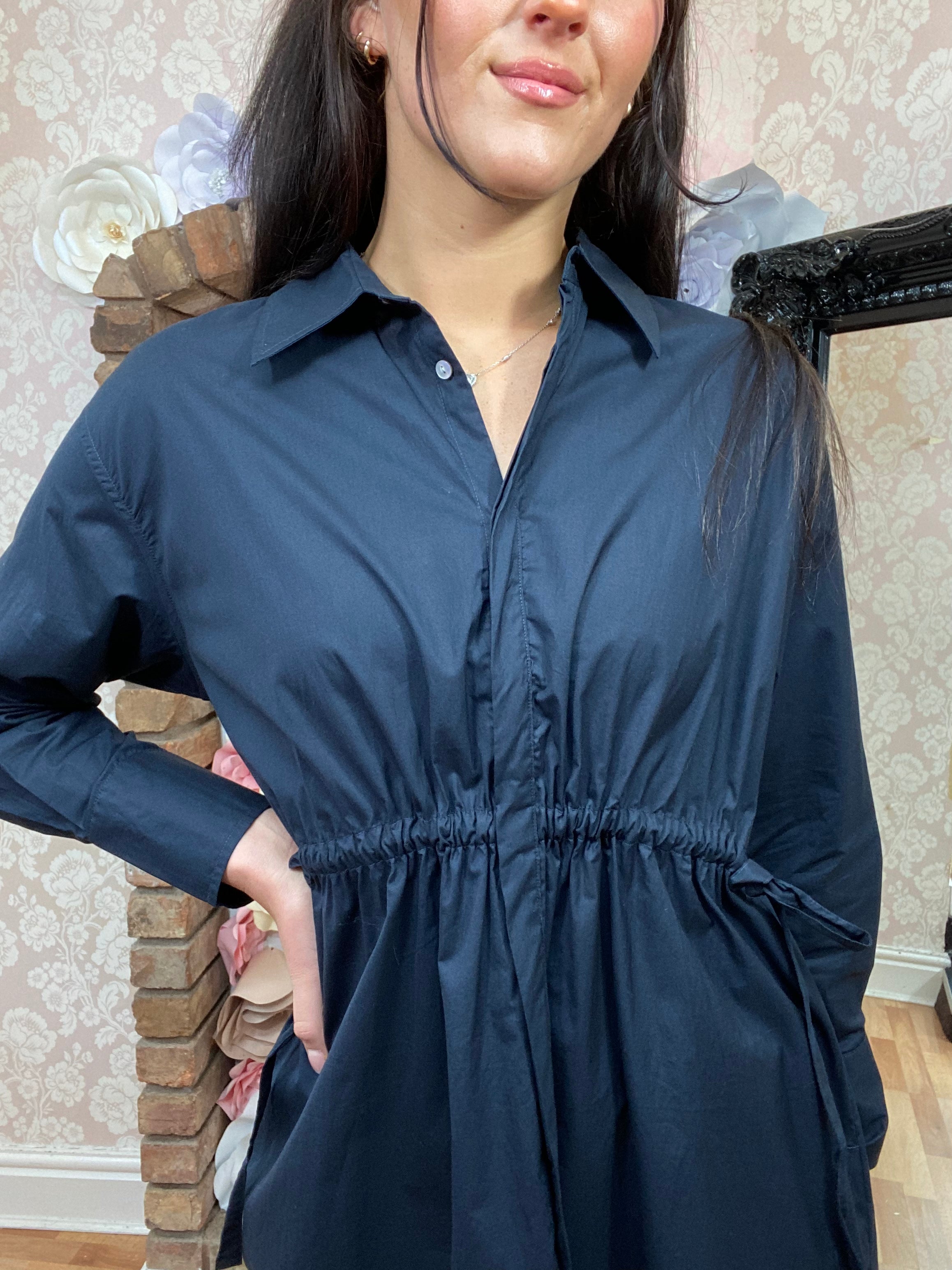 FRENCH CONNECTION RHODES RUCHED WAIST SHIRT DRESS- NAVY