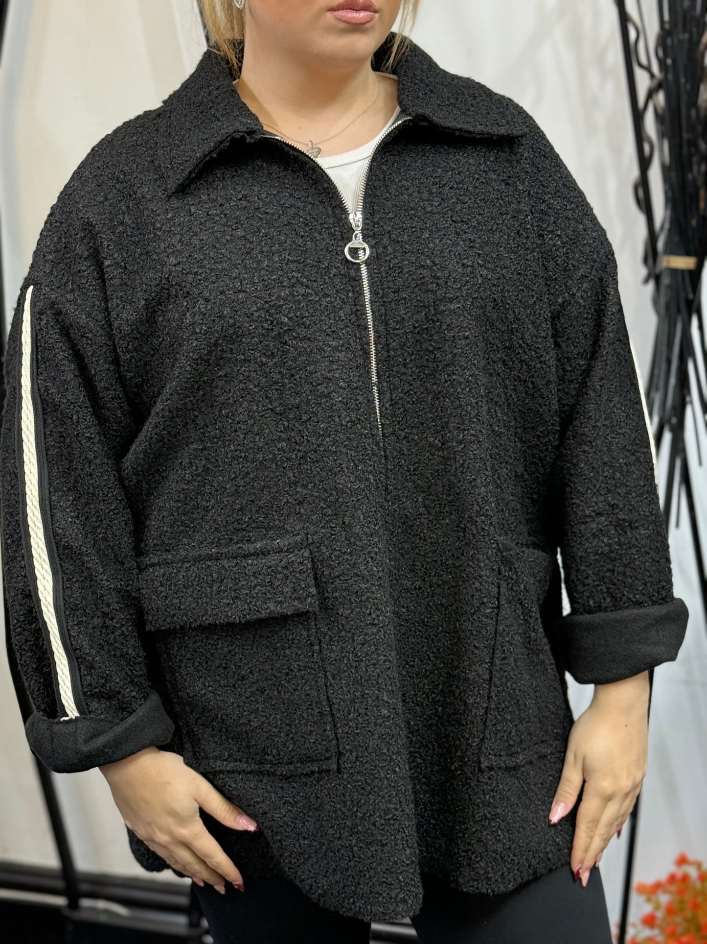 MEGAN-STRIPE SLEEVE TEDDY ZIP JACKET-CURVE