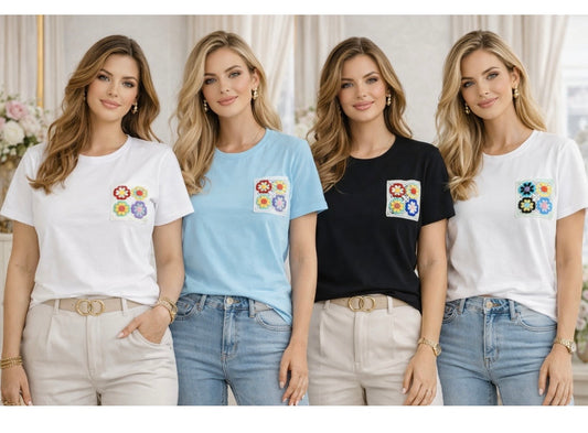 AVA- CROCHET FLOWER PKT TEE #SunshineSALE